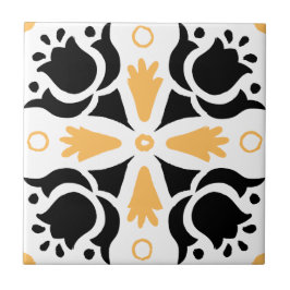 Azulejo Patrón floral intrincado negro y Naranja