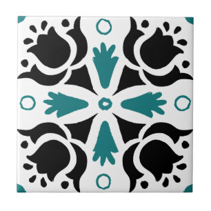 Azulejo Patrón floral intrincado negro y Verde azulado