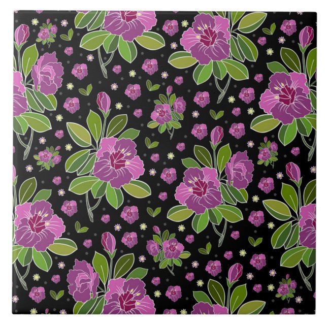 Azulejo Patrón floral Lilac Verde Rosa Negro (Frente)