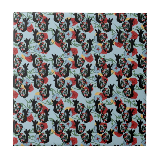 Azulejo Patrón Floral Mexicano Gallos Folk (Frente)