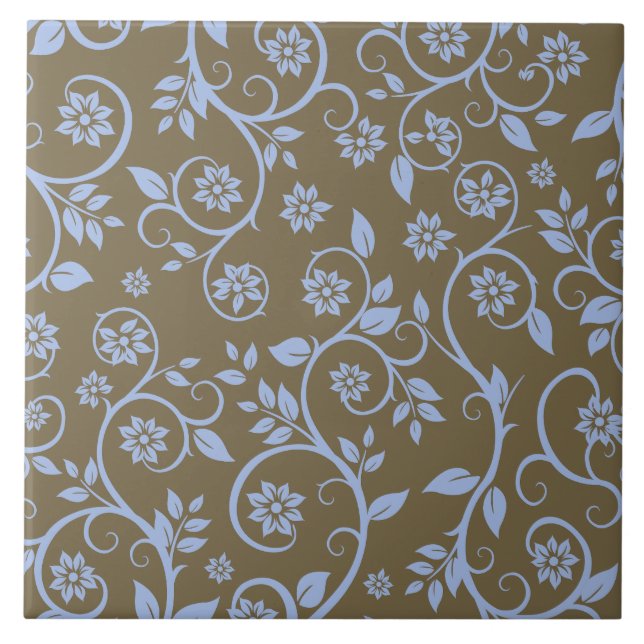 Azulejo patrón floral moderno azul y marrón (Frente)