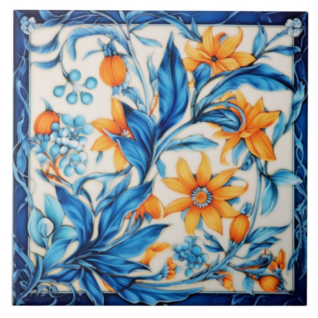 Azulejo Patrón floral - Naranja y azul (Frente)