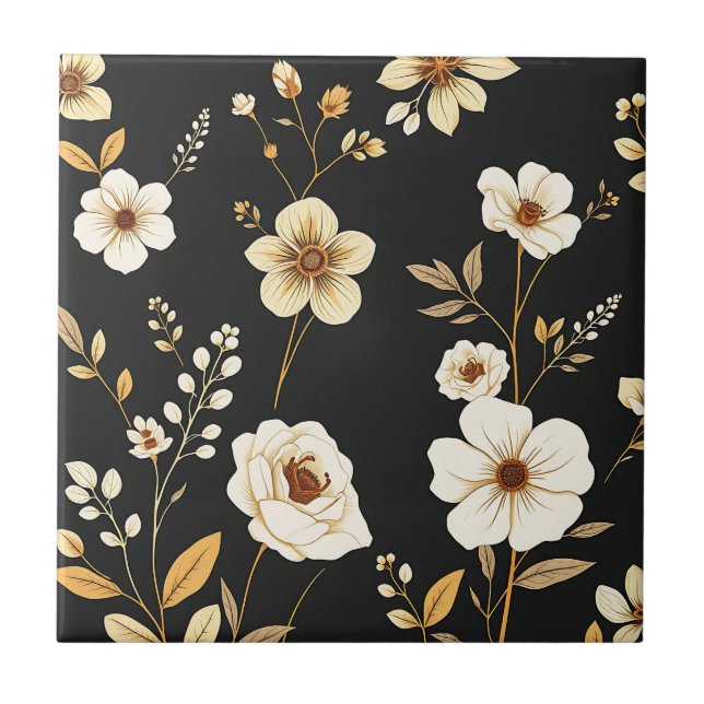 Azulejo Patrón Floral Negro Cream Gold (Frente)
