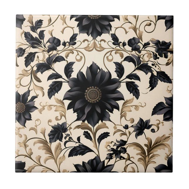 Azulejo Patrón floral negro elegante (Frente)