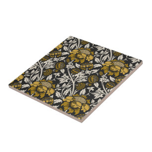 Azulejo Patrón floral ornamentado con grandes flores dorad