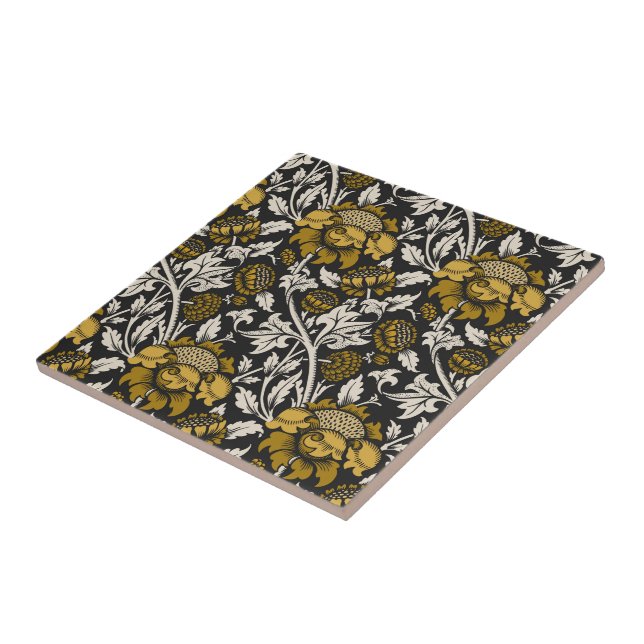 Azulejo Patrón floral ornamentado con grandes flores dorad (Lado)