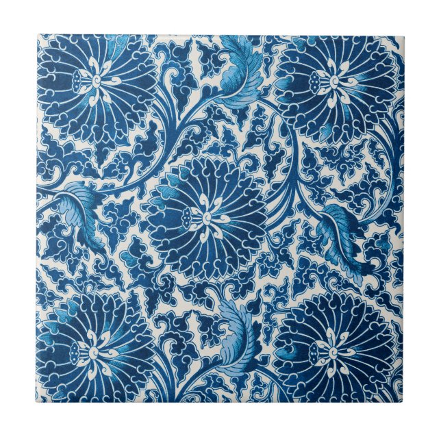 Azulejo Patrón floral ornamental azul vintage (Frente)