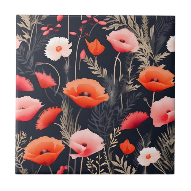 Azulejo Patrón floral oscuro con cachorros (Frente)