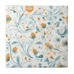 Azulejo patrón floral retro azul naranja<br><div class="desc">Fondo blanco. Decorado con flores naranjas y follaje azul,  estilo folclórico retro</div>