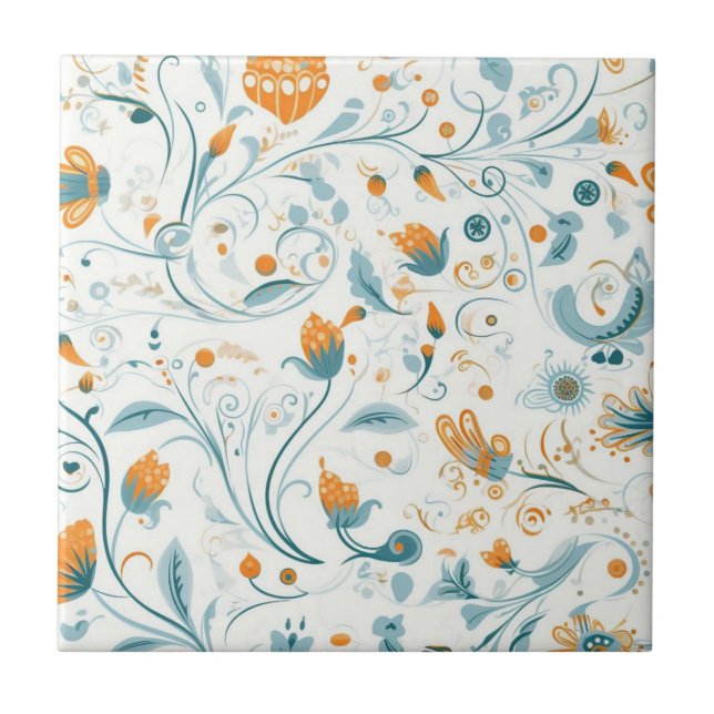Azulejo patrón floral retro azul naranja (Frente)