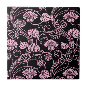Azulejo Patrón floral retro rosado en negro
