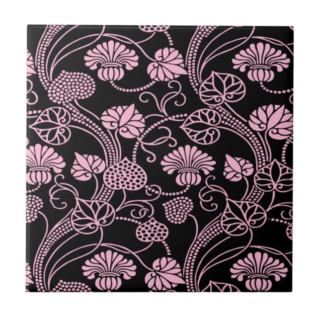 Azulejo Patrón floral retro rosado en negro (Frente)