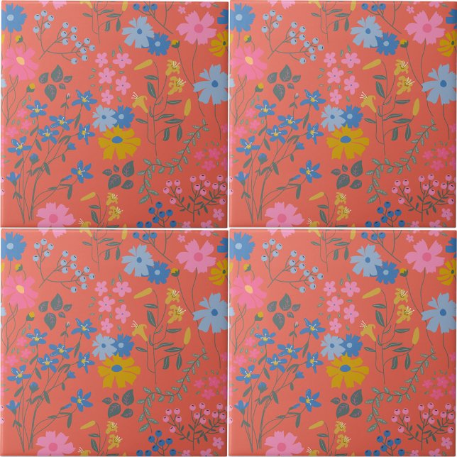 Azulejo Patrón floral rojo boho moderno (Modern Boho Red Floral Pattern Ceramic Tile)