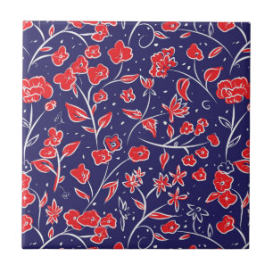 Azulejo Patrón floral rojo y azul
