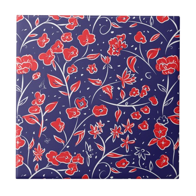 Azulejo Patrón floral rojo y azul (Frente)