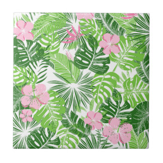 Azulejo Patrón floral rosa de hojas tropicales verdes vera