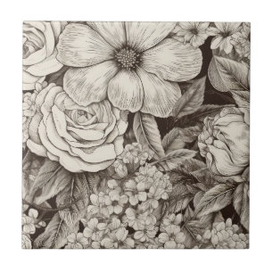 Azulejo Patrón Floral Sepia Antiguo
