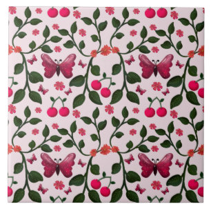 Azulejo Patrón Floral Sin Costuras de Mariposa de Cereza
