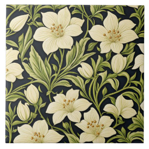 Azulejo Patrón floral vintage, blanco marfil y verde,