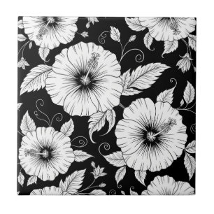 Azulejo Patrón floral vintage blanco y negro sin fisuras (