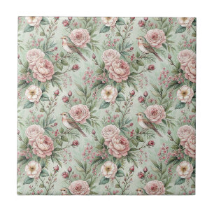 Azulejo Patrón floral vintage de jardín inglés con pájaros