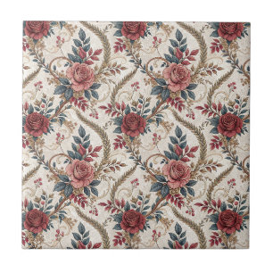 Azulejo Patrón floral vintage de rosa y volutas francés