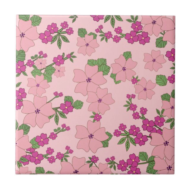 Azulejo patrón floral, violeta pastel y rosa, (Frente)