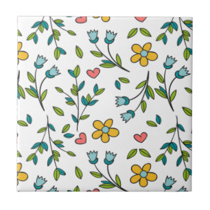 Azulejo Patrón floral y cardíaco colorido dibujado a mano
