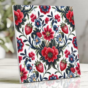 Azulejo Patrón Floral y de Fresa de Arte Popular