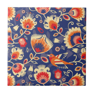 Azulejo 💛 🧡 💙 Patrón folclórico con flores amar