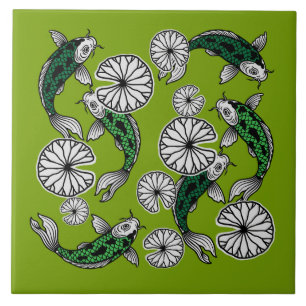 Azulejo Patrón Folclórico de Carpa Verde Índigo Japonés