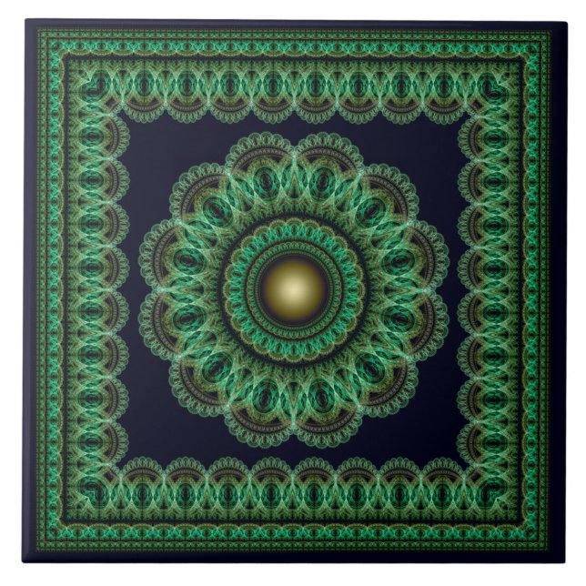 Azulejo Patrón fractal alcaleidoscópico verde (Frente)