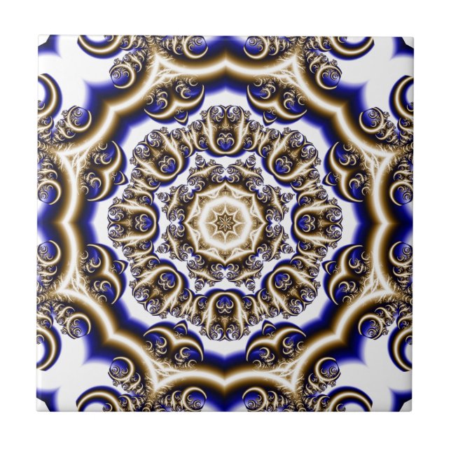 Azulejo Patrón fractal azul redondo (Frente)