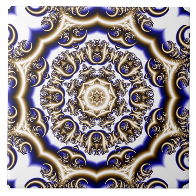 Azulejo Patrón fractal azul redondo (Frente)