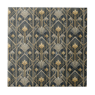 Azulejo Patrón geométrico Art Déco en oro y negro carbón
