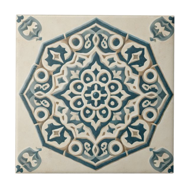 Azulejo Patrón geométrico azul y crema mosaico cerámico (Frente)