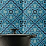 Azulejo Patrón geométrico complejo de azul suave e índigo<br><div class="desc">Esta baldosa cerámica presenta un complejo patrón caleidoscópico simétrico que se desarrolla en una repetición armoniosa, creando un efecto visual hipnotizante. El diseño se caracteriza por los diferentes tonos azules, desde la luz hasta la oscuridad, que se contrastan con el gris y el negro. El patrón se compone de formas...</div>