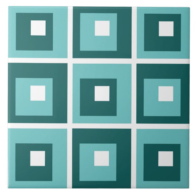 Azulejo Patrón geométrico de cuadrados azules retro (Frente)