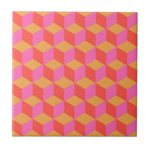 Azulejo Patrón geométrico de cubo cuadrado rosa naranja re