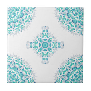 Azulejo Patrón geométrico de Mandala floral blanca turqu