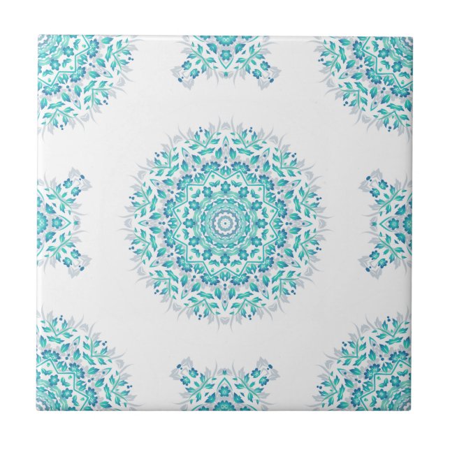 Azulejo Patrón geométrico de Mandala floral blanca turques (Frente)