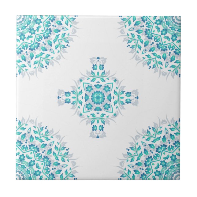 Azulejo Patrón geométrico de Mandala floral blanca turques (Frente)