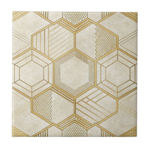 Azulejo Patrón geométrico de mármol crema hexágono dorado