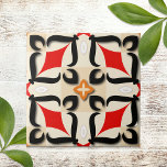 Azulejo Patrón geométrico del espejo retrovisor rojo del b<br><div class="desc">Diseño cerámico elegante y moderno con formas geométricas en rojo,  negro,  naranja,  blanco y beige.</div>