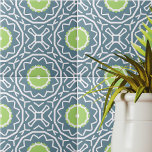 Azulejo Patrón geométrico del mosaico del azul verde blanc<br><div class="desc">Presentando un cautivador diseño cerámico contemporáneo que muestra una disposición impecable de formas geométricas verdes y blancas contra un relajante fondo azul.</div>