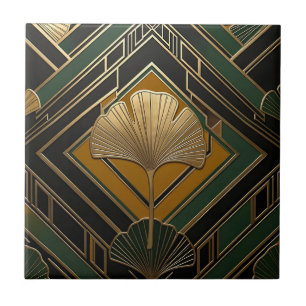 Azulejo Patrón geométrico dorado de hoja de ginkgo Art Déc
