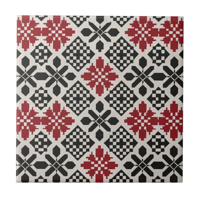 Azulejo Patrón geométrico folclórico rojo negro blanco (Frente)