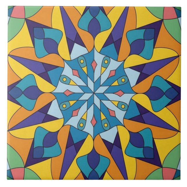 Azulejo Patrón geométrico fractal azul y amarillo (Frente)
