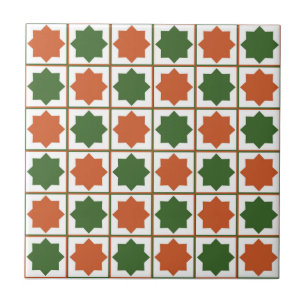 Azulejo Patrón geométrico islámico verde retro y naranja q