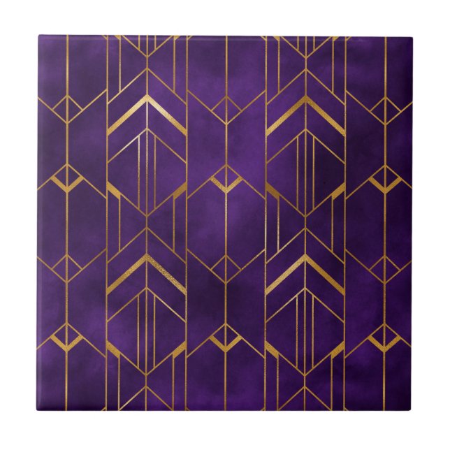 Azulejo Patrón Geométrico Real Deco Morado Oro Abstracto (Frente)